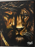 Lion and the Lamb original painting in a black floating frame, close-up