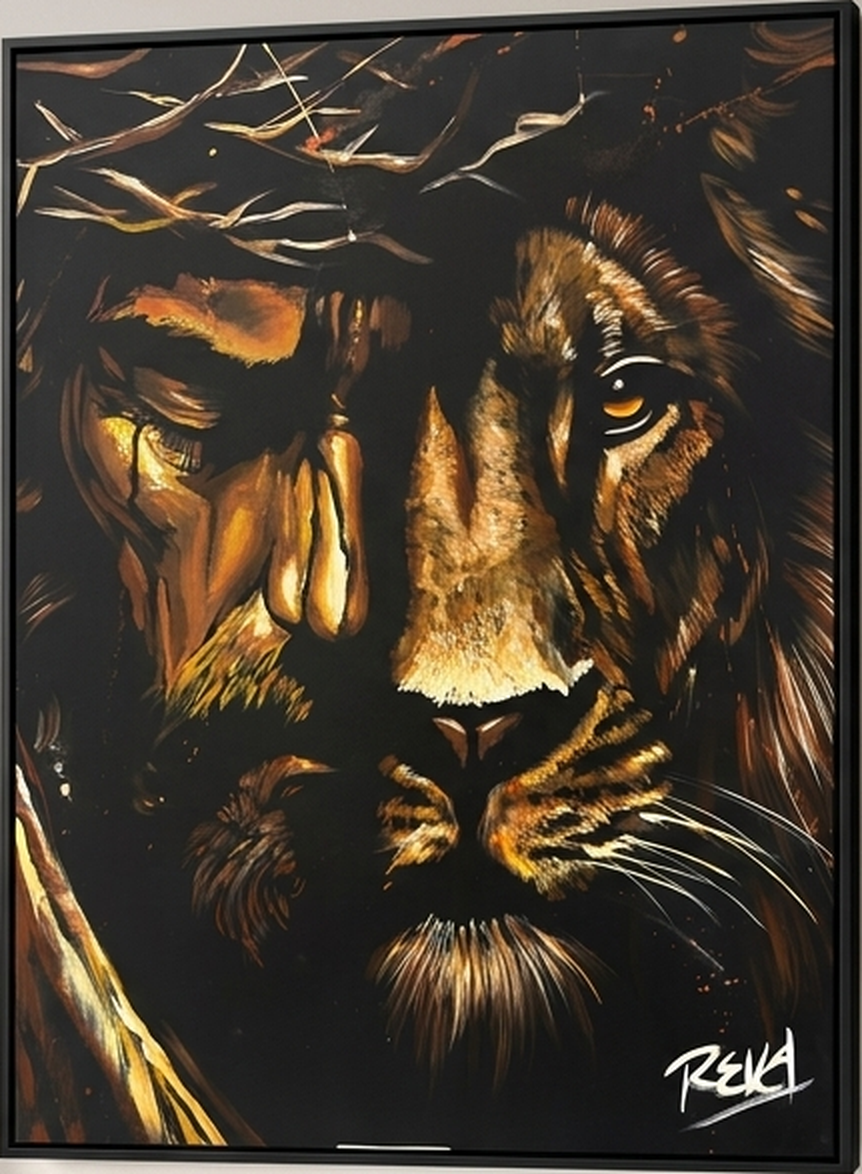 Lion and the Lamb original painting in a black floating frame, close-up