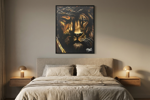 Lion and the Lamb painting framed above a bed in a modern bedroom