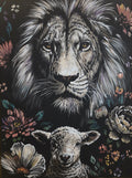 Lion of Judah limited edition 18 x 24 inch signed and numbered fine art print by REVEL — lion and lamb surrounded by wildflowers on a black background