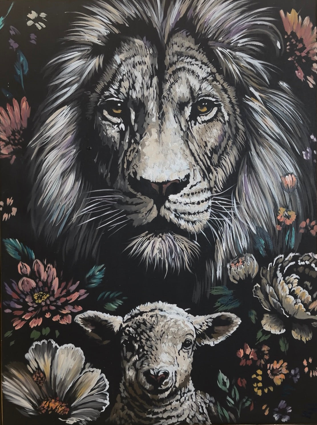 Lion of Judah limited edition 18 x 24 inch signed and numbered fine art print by REVEL — lion and lamb surrounded by wildflowers on a black background