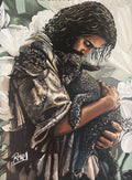 The Black Sheep — original 36 x 48 inch acrylic painting by REVEL of the Good Shepherd holding a black lamb against a background of white flowers