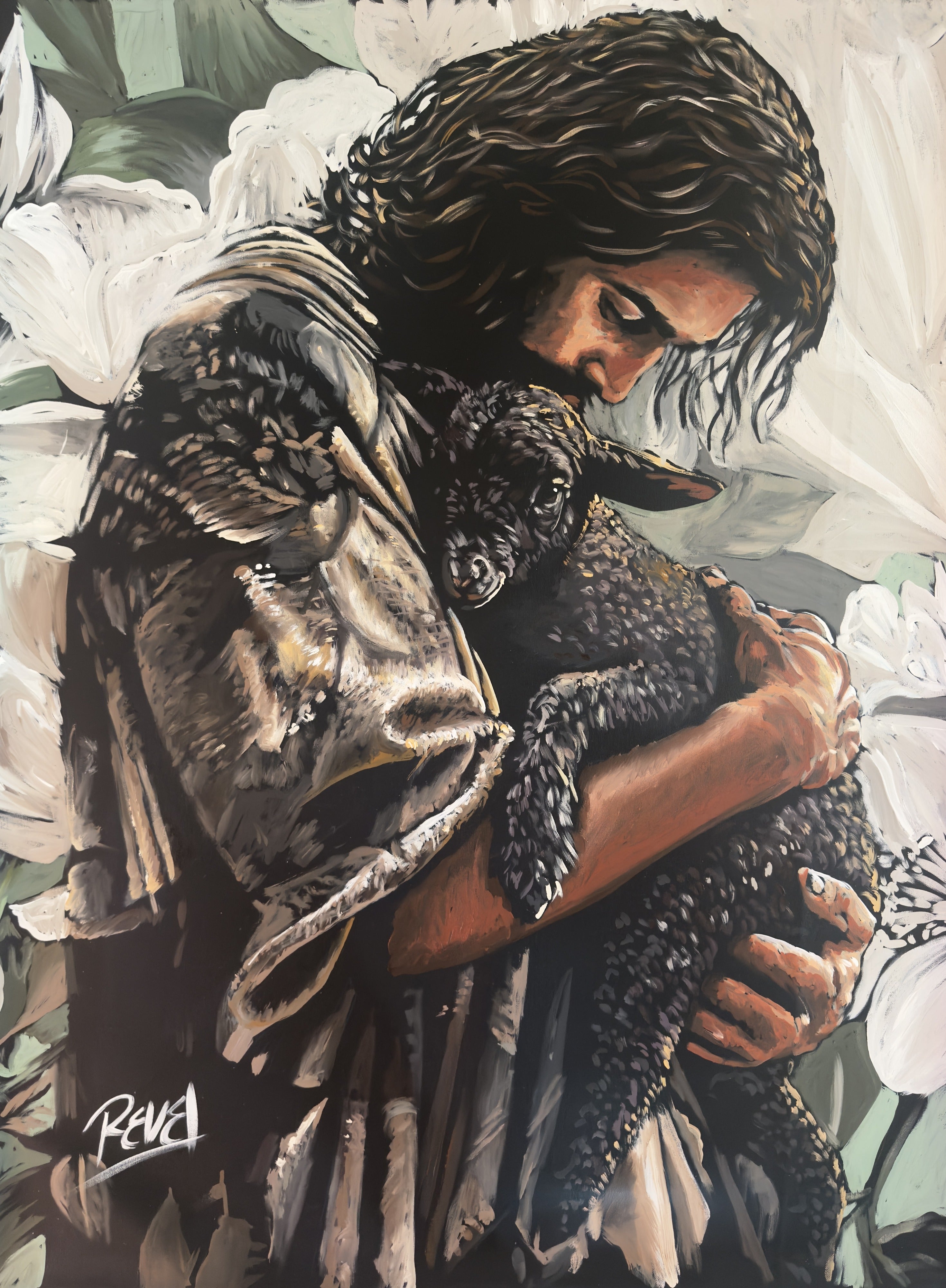 The Black Sheep — original 36 x 48 inch acrylic painting by REVEL of the Good Shepherd holding a black lamb against a background of white flowers